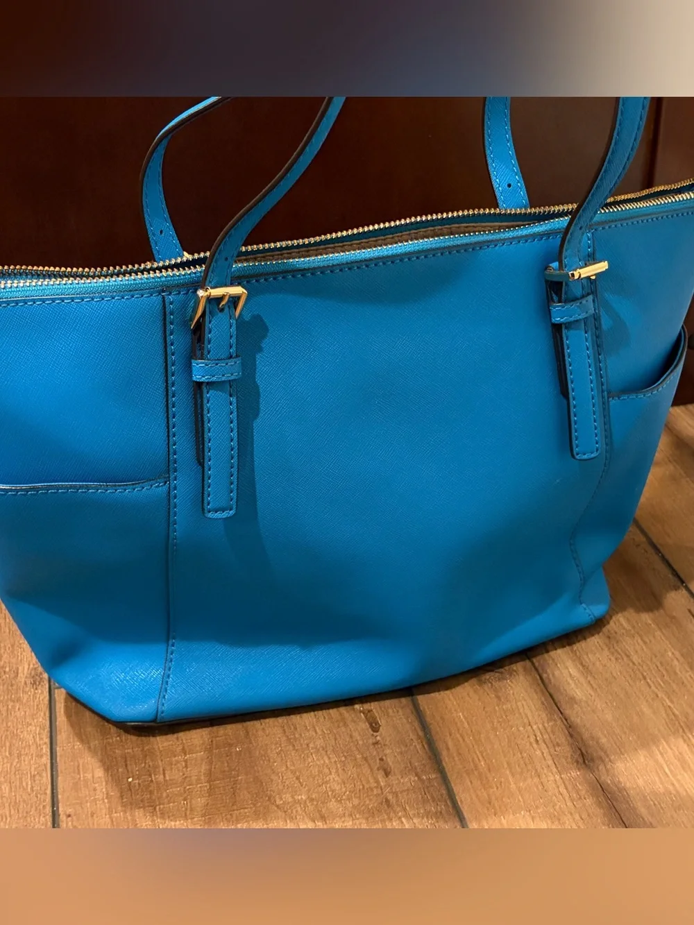MICHAEL Michael Kors Turquoise Saffiano Top-Zip Tote with Gold Hardware
